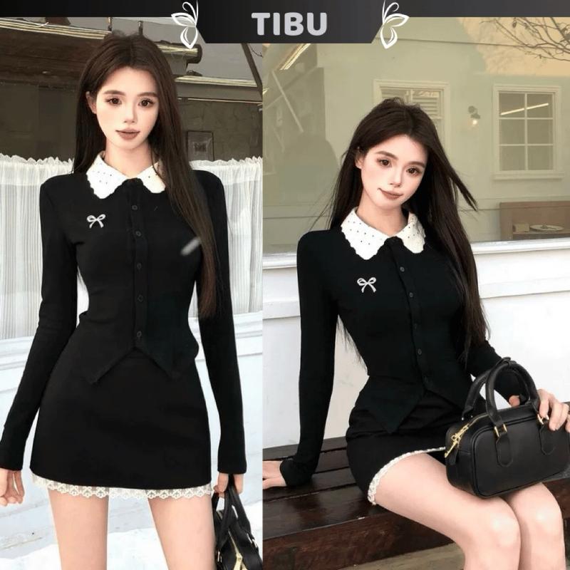  Set Áo Thun Tay Dài Cổ Sen Chấm Bi Phối Chân Váy Ngắn TIBU Set Đồ Nữ Đơn Giản Dễ Thương Đi Chơi Dạo Phố Thu Đông B574 