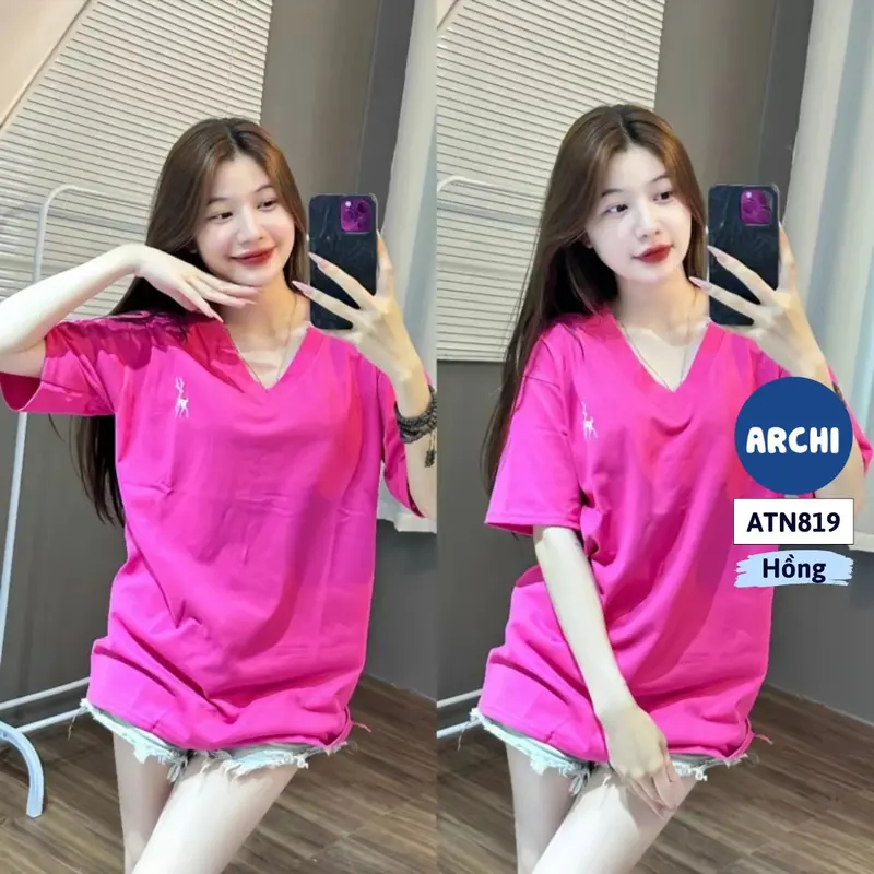 ATN819 Áo thun tay lỡ unisex cổ tim form rộng Archi 3