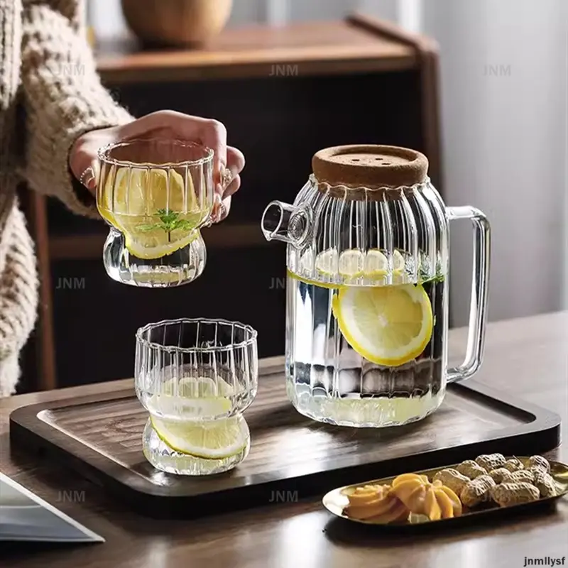 Stripe Cold Kettle Set Heat Resistant Glass Water Pitcher Glass Cup Juice Jug Transparent Office Teapot