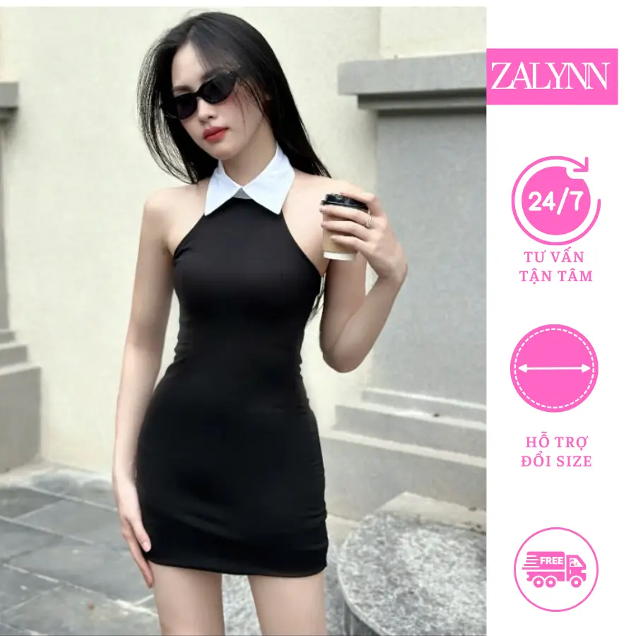 Váy yếm form ôm body cổ sơ mi sang chảnh gợi cảm phù hợp mặc đi chơi dự tiệc V01 ZALYN Đen hottrend 2024 Nữ Women Dress