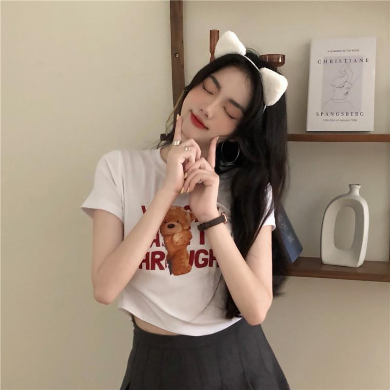 Product Introduction of Summer New Korean Style Letter Bear Printed Short-Sleeved T-shirt Women's Slim-Fit Crop-Top Women's Clothing 21