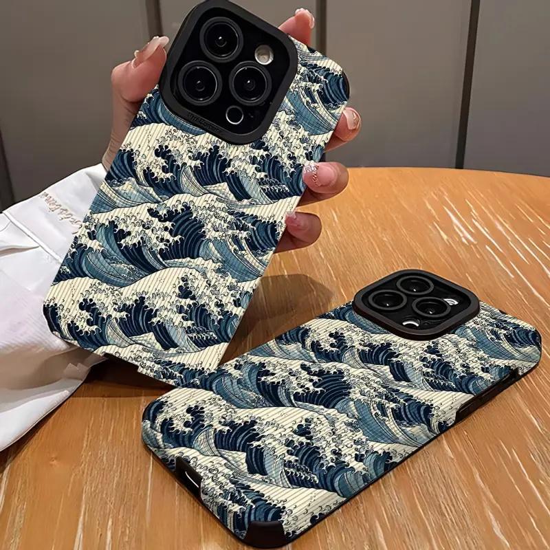New all inclusive leather creative wave phone case suitable for iPhone 16 16pro 16promax11 12 13 14 Pro Max 15pro 7 8 plus X 11pro 14pro 13pro XS Max anti fall protection phone case 4