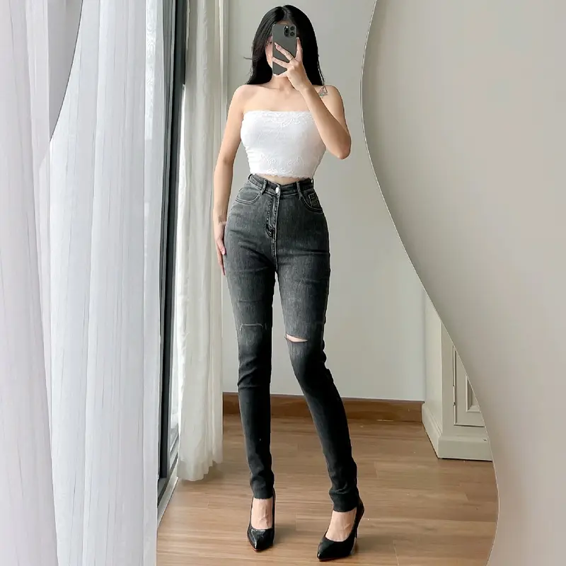 Q345 (40kg-53kg) Quần Jeans Nữ Dáng Ôm Có Giãn From Eo Nhỏ Lưng Cao Qua Rốn ( Jeans Ôm Xịt Loang 2 Màu Trơn - Rách ) Lai Cắt , Chiều Dài Quần (97cm-99cm) Women Pants 6