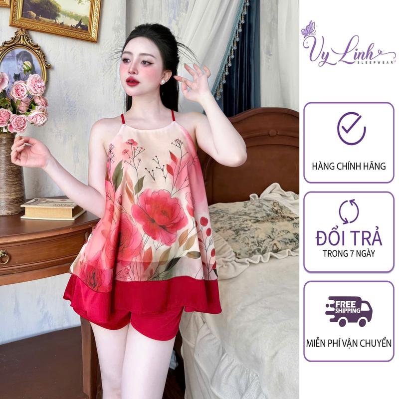 Bộ Đồ Yếm Ngủ Dành Cho Nữ Hoạ Tiết Hoa Lá Chất Liệu Voan Tơ Mềm Mát 957