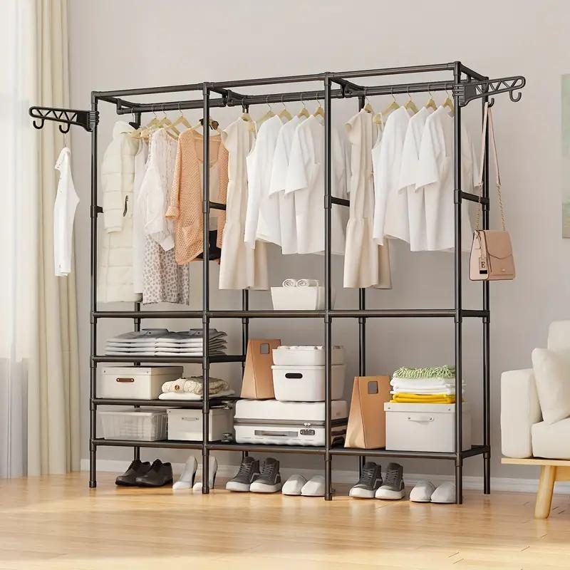 3-row Large Capacity Coat & Shoe Rack, Household Bedroom Floor Clothes Storage Rack, Freestanding Multifunctional Clothes Wardrobe Shelves for Bedroom, Summer Gifts 0