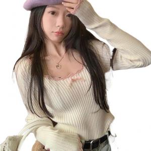 เสื้อสเวตเตอร์ถัก ลูกไม้หวาน แขนยาว สำหรับผู้หญิง ฤดูใบไม้ร่วง 2024 ดีไซน์โบว์ใหม่ ทรงสลิมฟิต เสื้อชั้นฐานด้านบน Women Clothing Lady ไหม  พรมกระดุมหน้า