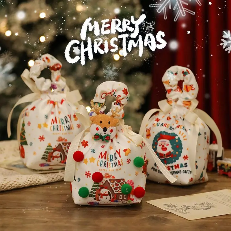 Christmas Eve Gift Bag Children's Small Gift Bag Christmas Plush Wrinkled Handheld White Drawstring Bag