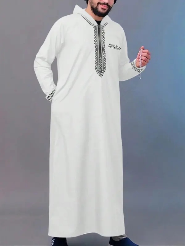 Men's Ethnic Pattern Embroidery Zipper Hooded Robe, Traditional Long Sleeve Pocket Jubba Thobe for Daily Wear, Men's Islamic Clothing for All Seasons 4