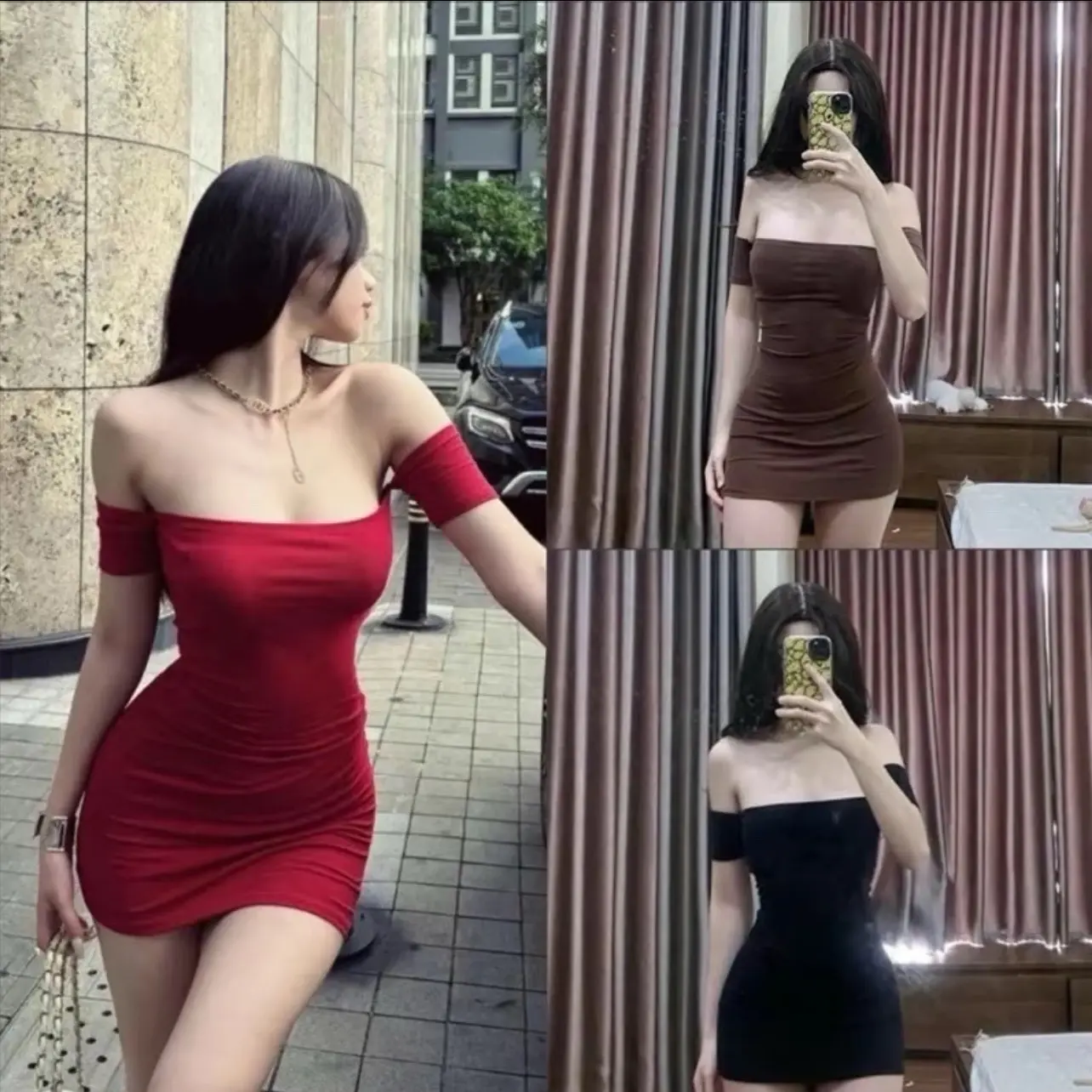 Đầm body ngắn trễ vai tăm lạnh K5746 ￼Đầm Body Dáng Ống Có Tay Trễ Vai Ôm Body Tôn Dáng,Gợi Cảm 2 màu : đen đỏ k5746 Nữ Women Dress Ong Tre