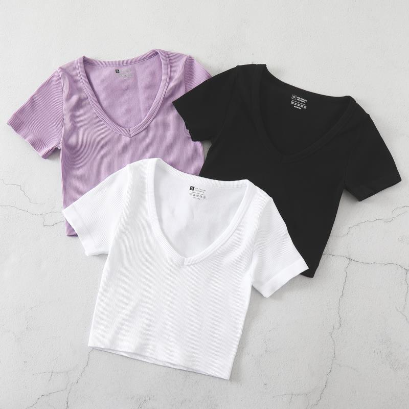 Product Introduction of European and American Yoga Wear Sexy Stretch Yoga Seamless Sports Top Short Sleeve V-Neck Slim Fit Solid Color Ribbed T-Shirt 8