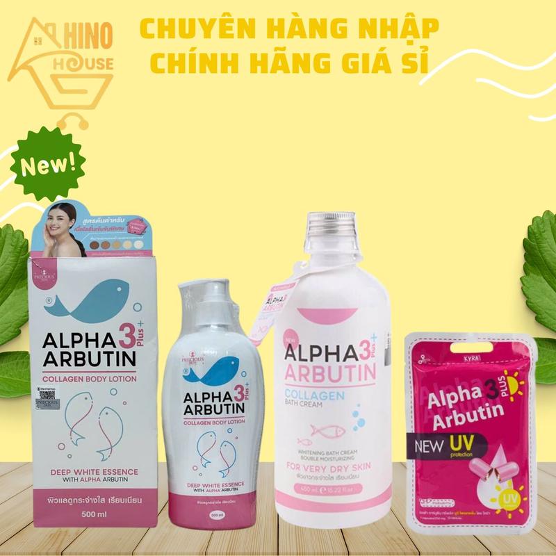 Combo Dưỡng Thể 500ml Và Sữa Tắm 350ml Và Vĩ 10 Viên Bột Dưỡng Sáng Alpha Arbutin Hỗ Trợ Dưỡng Trắng Dưỡng Sáng Da - Hinohouse