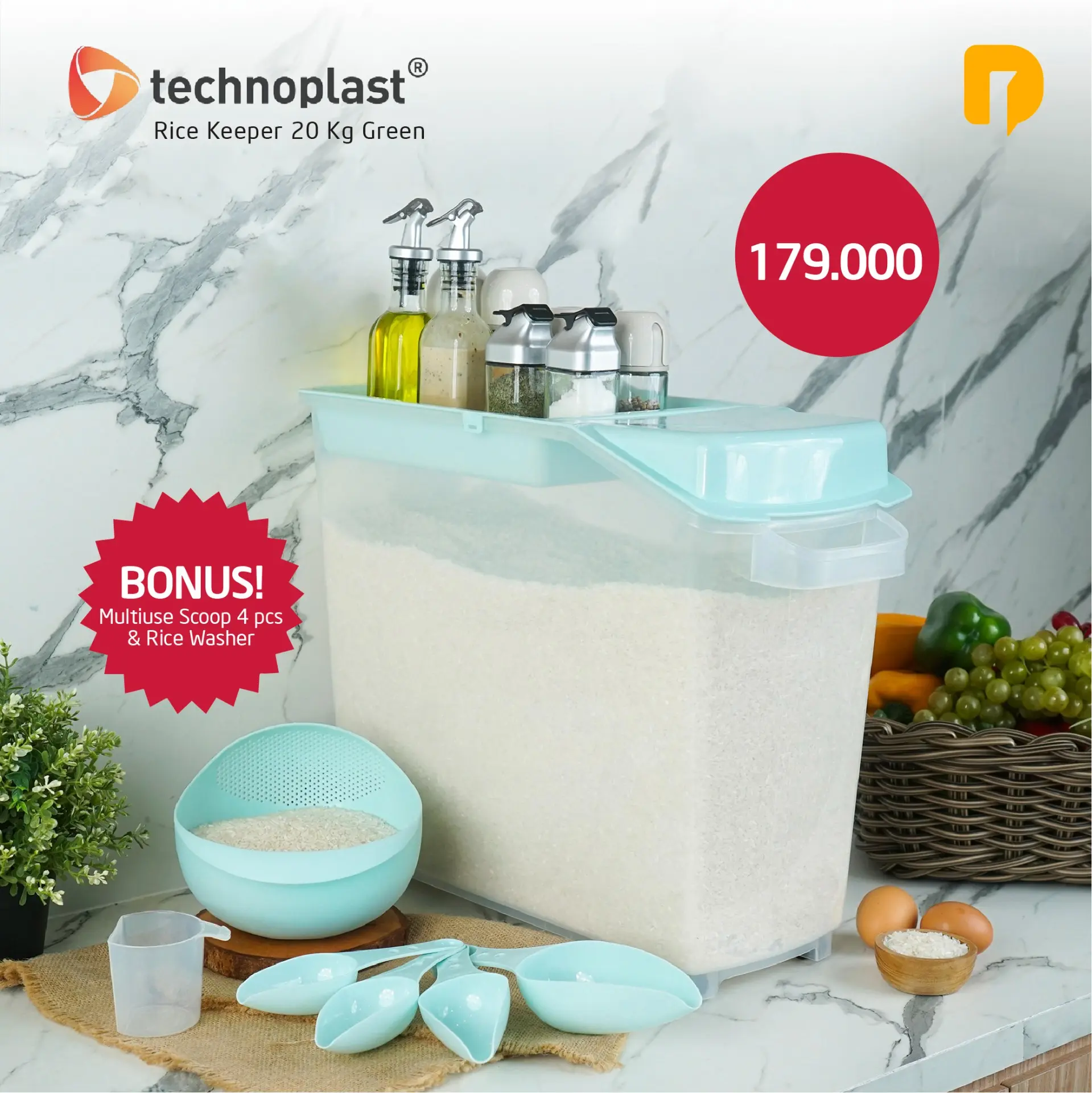 Technoplast Rice Keeper 20 Kg Free Item Multiuse Scoop 4 Pcs N Rice Washer Green Tempat Beras Hijau Penyimpanan