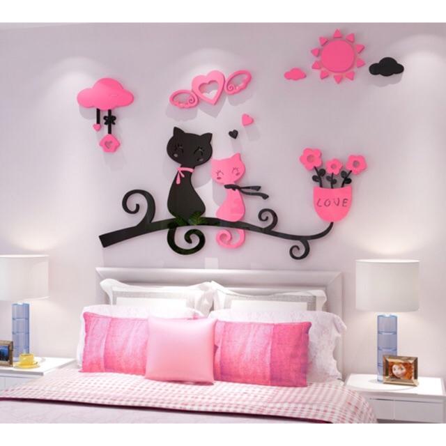 Mica dán tường 3d đôi mèo tình nhân trang trí phòng ngủ, tân hôn Decor Decal