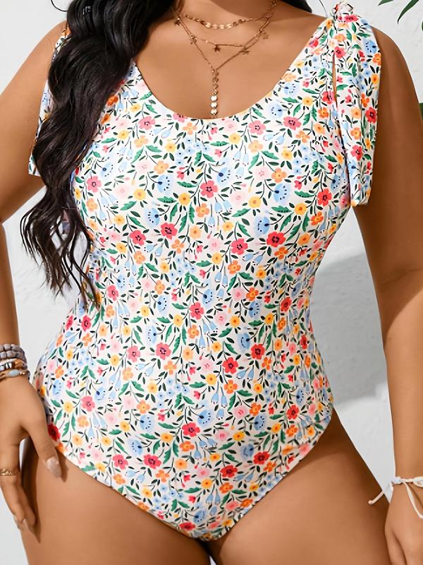 【Plus Size】 Ditsy Floral Print Tie Shoulder Bikini Swimsuit, Casual Sleeveless One-piece Swimwear for Beach Holiday Vacation, Women's Swimsuit for All Seasons, Swim Bodysuit 2
