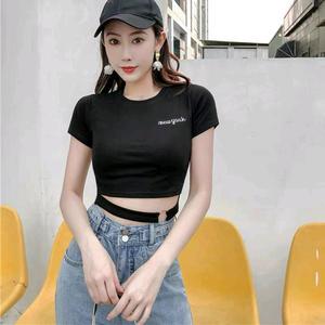 Áo Thun Lụa Tay Ngắn Có Dây Trang Trí Cột Eo Xinh Xắn Shop Tiến Linh Nữ Top Women Cổ Tròn Đen