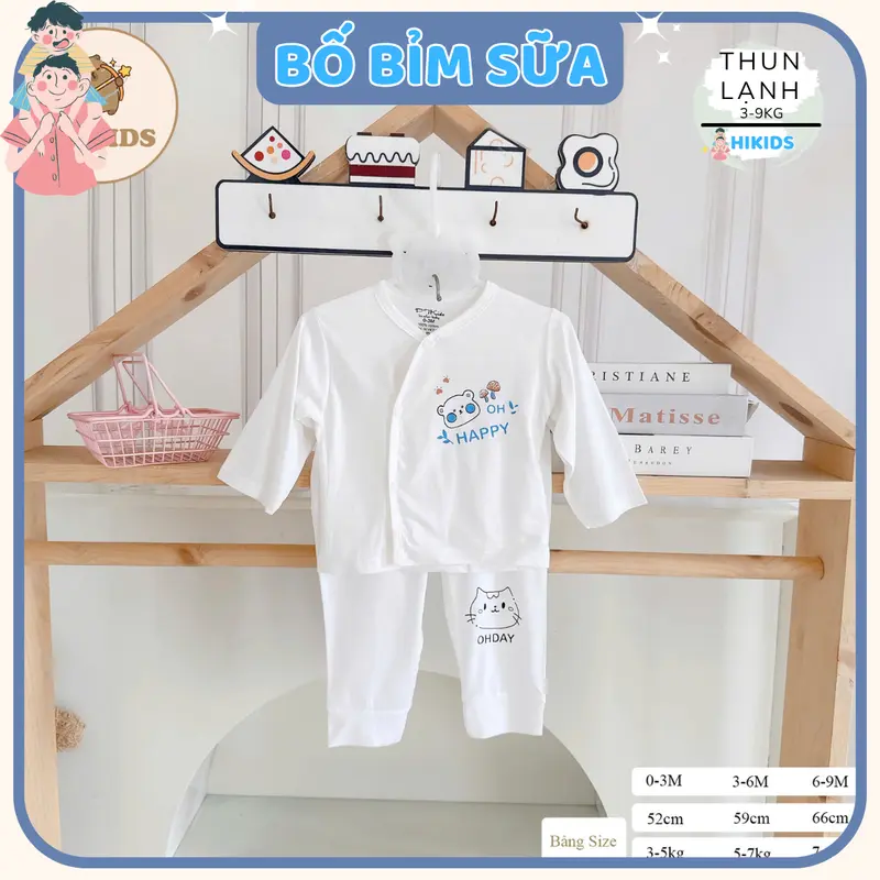 (Mỏng Mát) Combo 3 - 5 bộ quần áo dài tay sơ sinh TT chất thun lạnh cho bé  trắng in hoạ tiết cho bé 0 - 9 tháng [DL0] hikids set  đồ 7