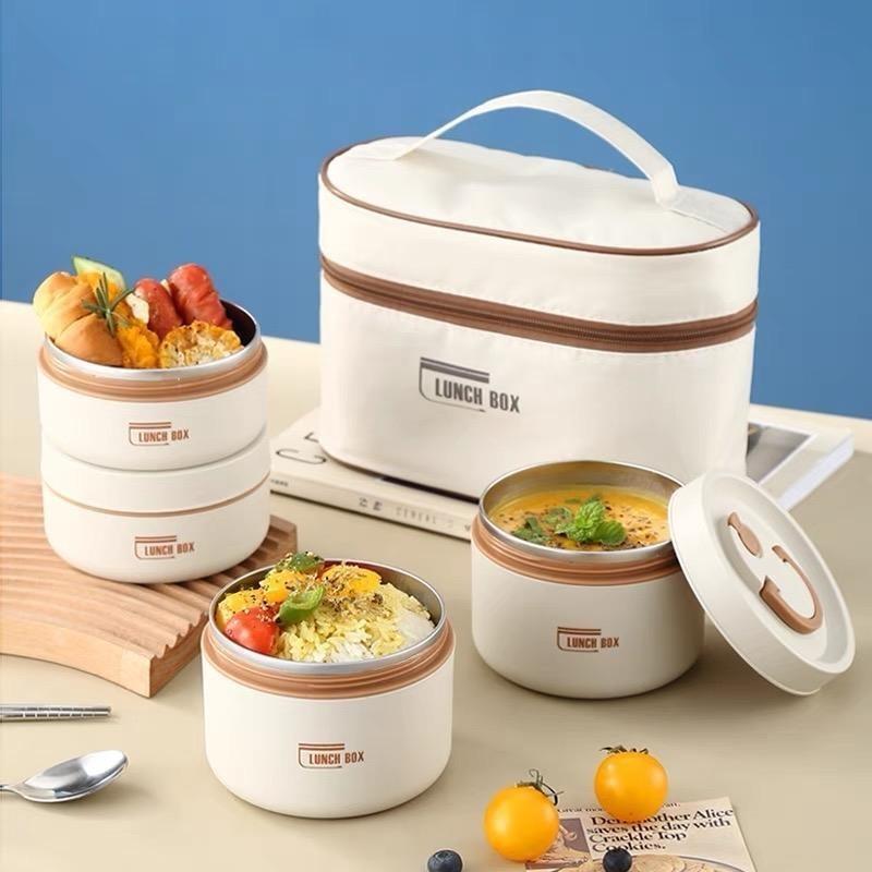 Hộp Cơm Giữ Nhiệt Văn Phòng Lunch Box 4 Tầng Kèm Túi + Đũa Thìa Cao Cấp Quay Được Lò Vi Sóng