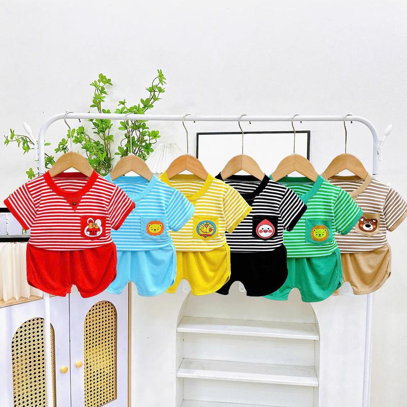 Bộ quần áo cộc tay quần cộc sọc dệt phối túi in hình MK488 (6-16KG) cho bé dưới 3 tuổi thun  lạnh  cho  bé  gái