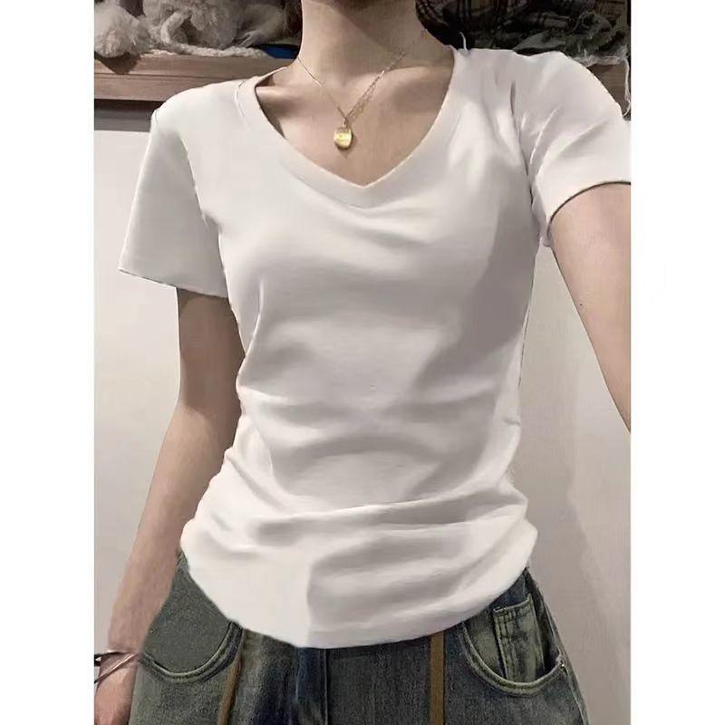 Áo Thun Phong Cách Mỹ, Chất Liệu Cotton Nguyên Chất, Cổ Chữ V, Vai Thường, ngắn Tay, Dành Cho Nữ, Hàng Mới Về Mùa Hè 2025, Áo Cơ Sở Xếp Lớp Cơ Bản, Phong Cách Preppy, Áo 1