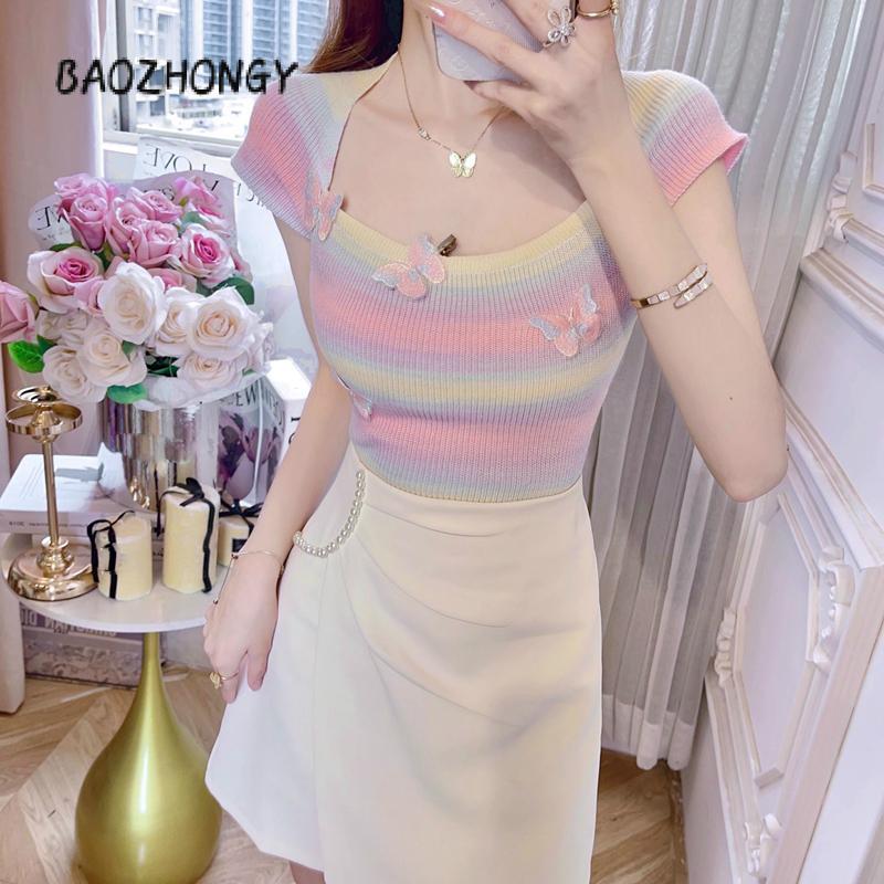 Áo Dệt Kim Hình Bướm 3D, Dành Cho Nữ, ngắn Tay, Cổ Vuông, Màu Tương Phản, Dáng Ôm, Áo Phông, Quần Áo Thẩm Mỹ 0