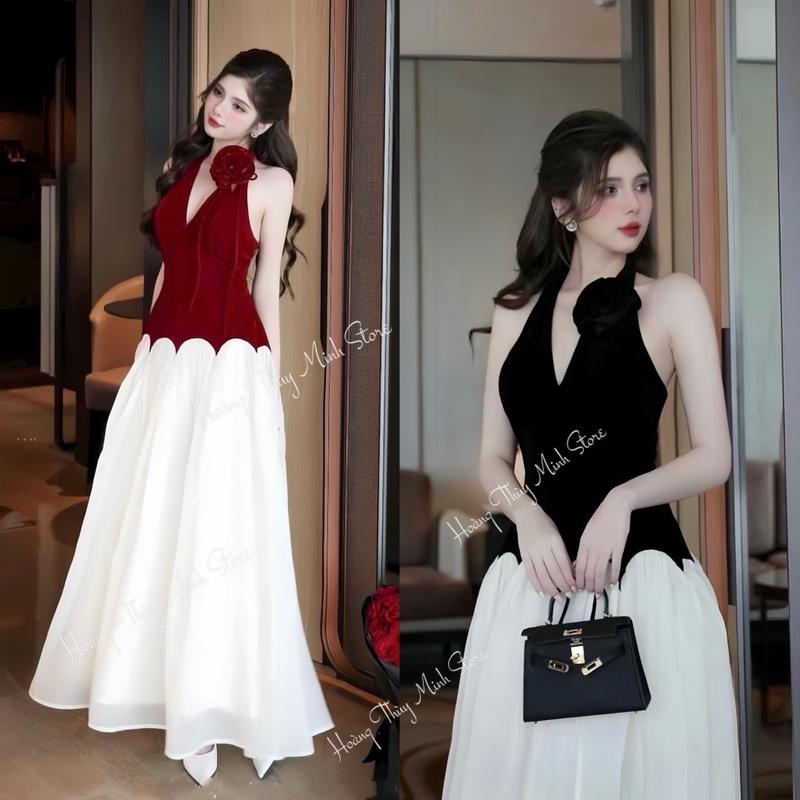 D3 - Đầm Yếm Nhung Phối Váy Dài Voan Tơ Lưng Thun Khoá Kéo Có Mút Tùng Váy Xoè ( Kèm Tag Hoa Hồng ) Dự Tiệc Nàng Thơ Tiểu Thư Dress Women Kem Nữ