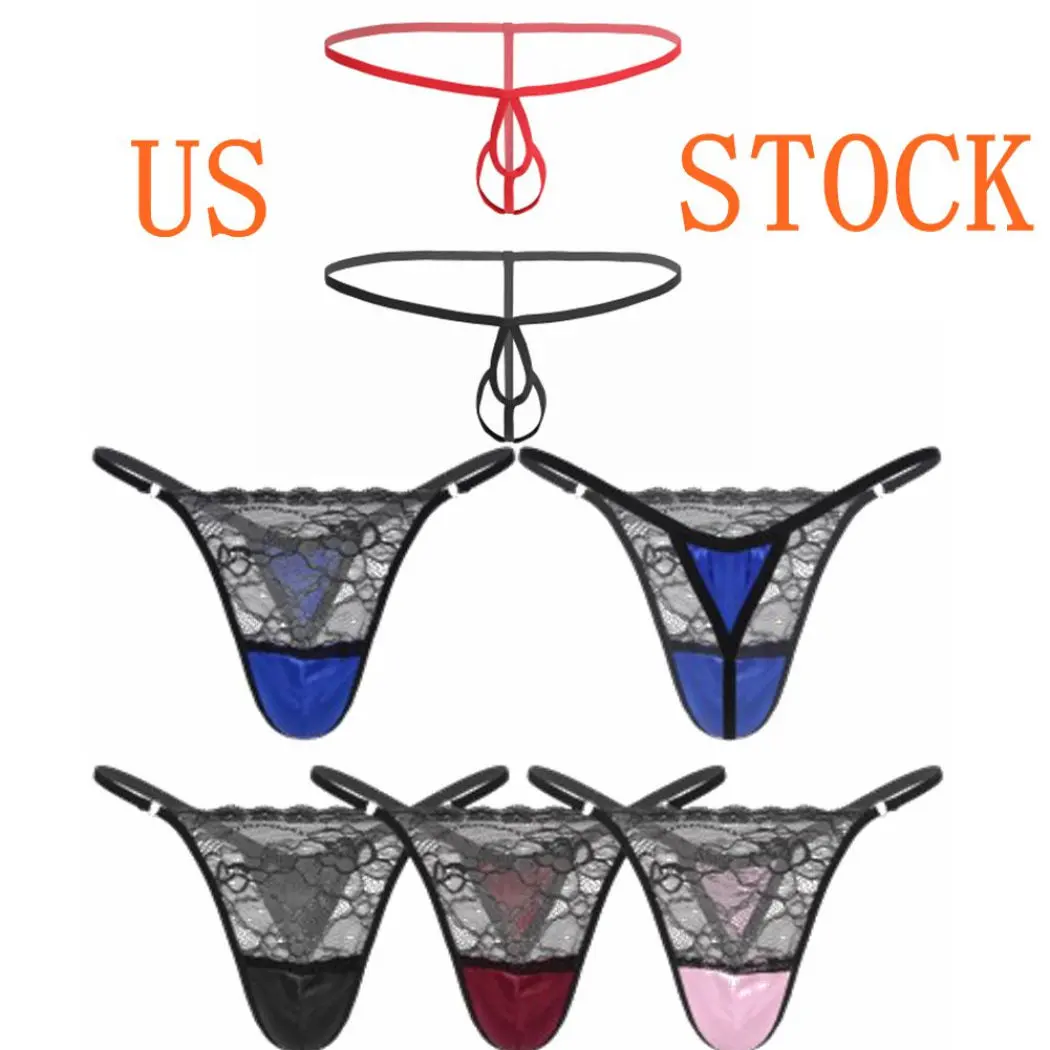 Venjoe Mens Sissy See-through Lace Satin Patchwork Thong Underwear Lingerie Low Rise G-string Briefs