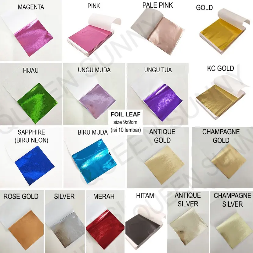 TERMURAH 10 Lembar Kertas Foil Emas Merah Biru Pink Gold Leaf Foil Sheet Kertas Prada Sepuhan 9x9cm