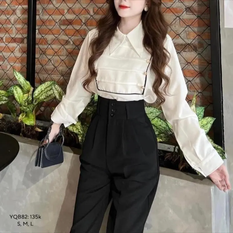 Quần vải nữ cạp cao công sở đi học ống baggy đứng 3 cúc bản to dáng quần tây nữ lưng cao đi học làm công sở đáy cao dài Pants Ong Women 6