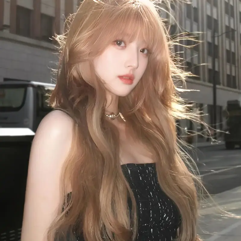 Wig Female Long Hair Summer Big Wave Full Head Cover Milk Tea Champagne Long Curly Hair Simulated Wig