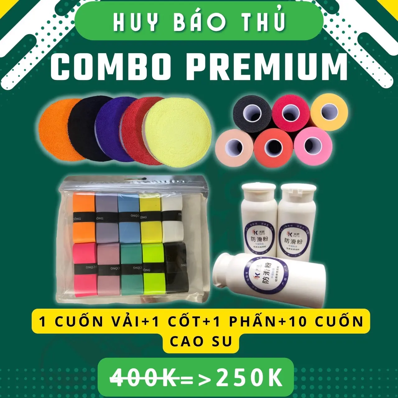 [Combo Premium] 10 cuốn cán HBT+1 cuốn vải 10m loại dày+1 cuốn cốt nhỏ+1 lọ phấn thể thao chất lượng thể thao