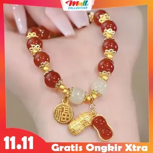 MALL Gelang Giok Keberuntungan Kacang & Kesejahteraan Kristal Gaya China retro Serbaguna Wanita GLG01