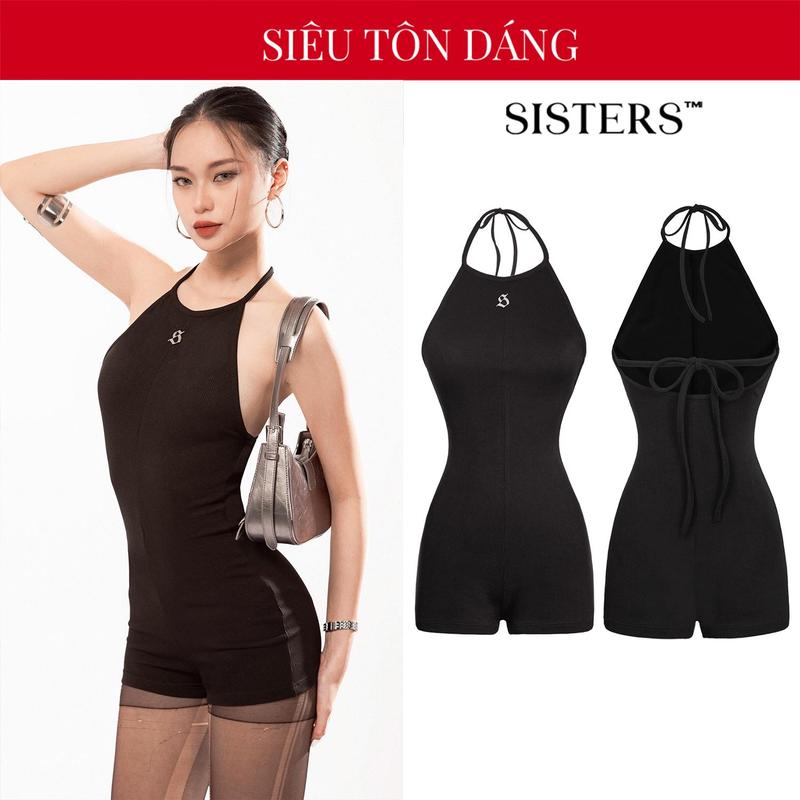 Jumpsuit nữ ngắn hở lưng cổ yếm SISTERS màu đen ôm sát gợi cảm Rusie l SS4-J9