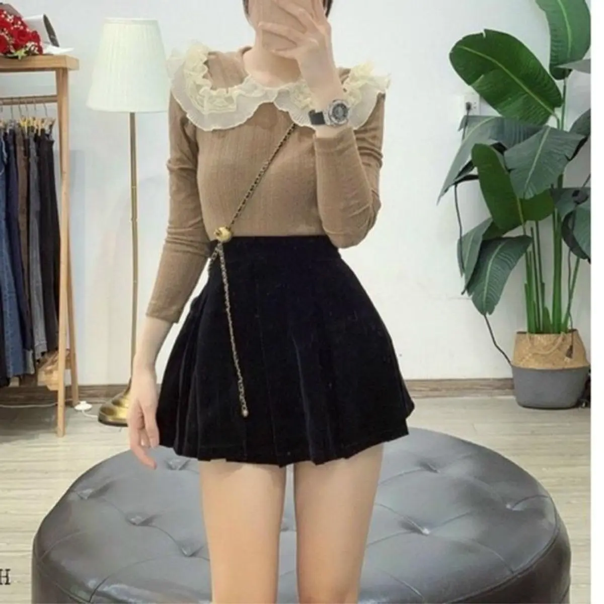 CHÂN VÁY NHUNG XOÈ XẾP LY CÓ LÓT QUẦN MS15332-KhanhLinhshop Nữ Women