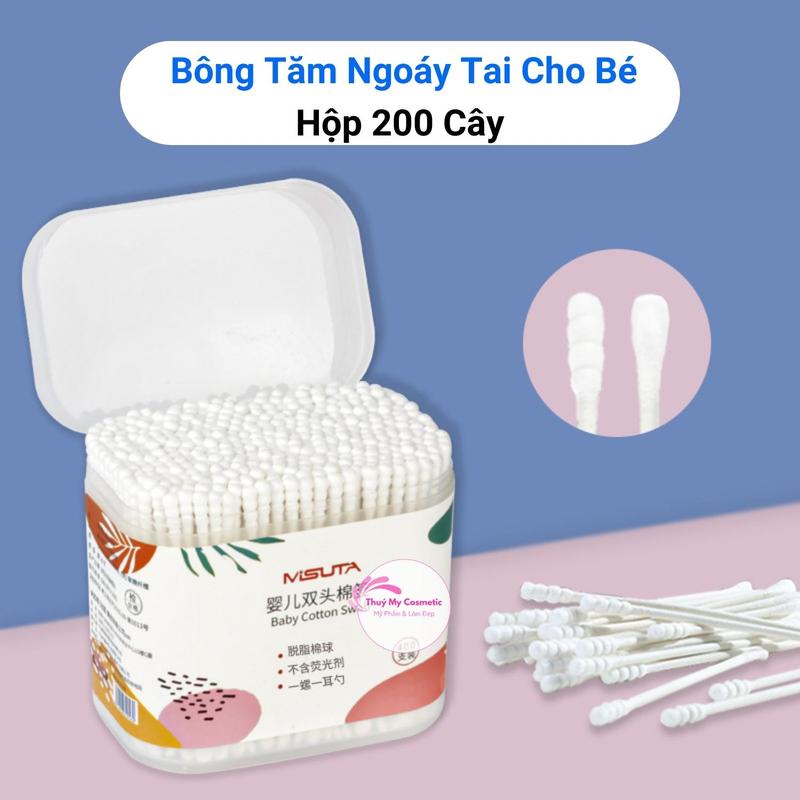 Tăm Bông Ngoáy Tai Cho Be  Hộp 200 Que Đầu Xoắn Tiện Lợi , Bông Tăm Ngoáy Tai Đầu Nhỏ Sử Dụng Cho Bé An Toàn Tiện Lợi Cao Su