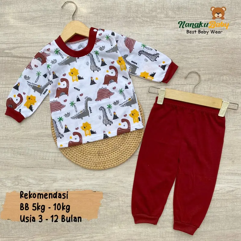 Nanaku Baby - Setelan Baju Bayi Setelan Piyama Bayi Usia 3-12 Bulan Setelan Lengan Panjang Kancing Pundak Motif Tirex 2