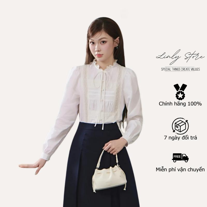 Áo sơ mi nữ ren tay phồng, áo kiểu xinh tiểu thư cổ bèo cúc bọc Linly Store A-SM10
