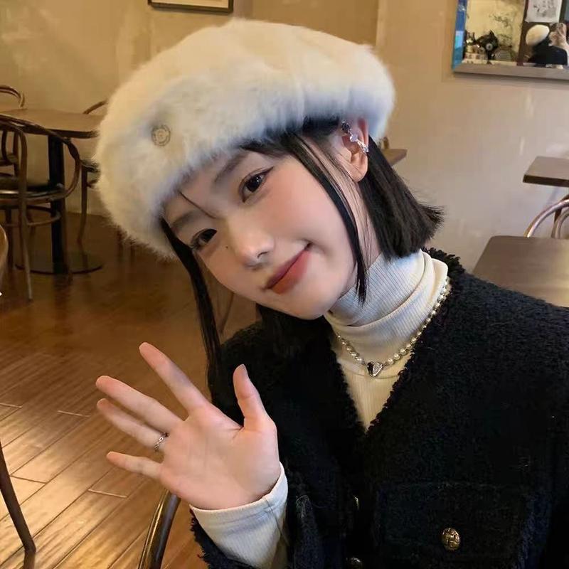 Mũ beret lông trơn màu tag kim loại tròn cho nữ có dây điều chỉnh size đầu Phanhphukiennu Cap Hat