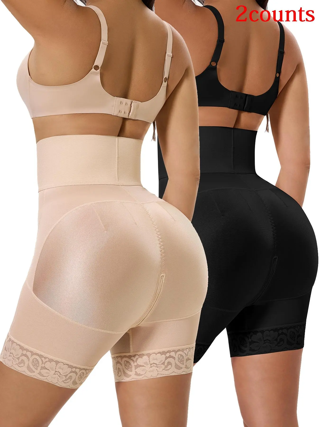 Women's Solid Color Floral Lace Trim Zipper Crotch Design Hook & Eye Closure Shapewear Shorts, Casual Comfortable Breathable Adjustable Tummy Control Butt Lifting Shaper, High Waist Shapewear Bottoms for Daily Wear