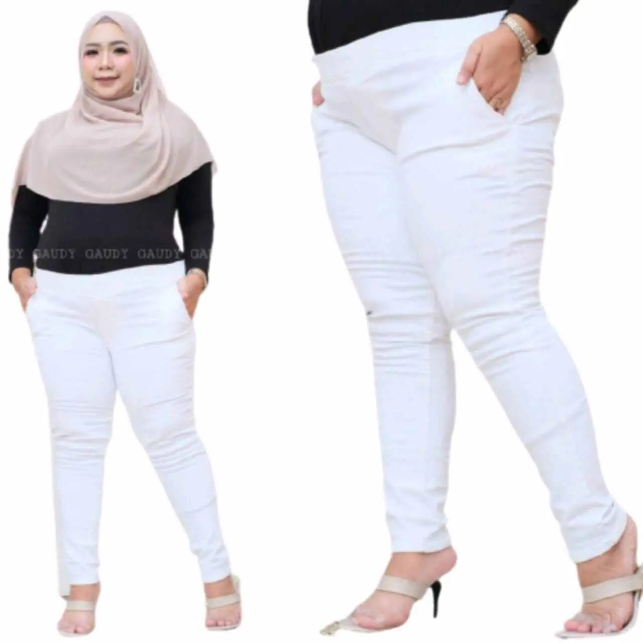 COD CELANA JEANS PANJANG PUTIH/WHITE SUPER JUMBO WANITA PINGGANG KARET LEGGING SOFT JEANS BAHAN TEBAL MELAR LEMBUT SIZE DARI 27-42