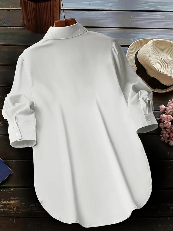 Plus Size Plain Button Front Split Hem Blouse, Casual Long Sleeve Fake Pocket Collared Top for Daily Wear, Women's Plus Clothing for All Seasons, Elegant Plus Size, Shirtswomen 7