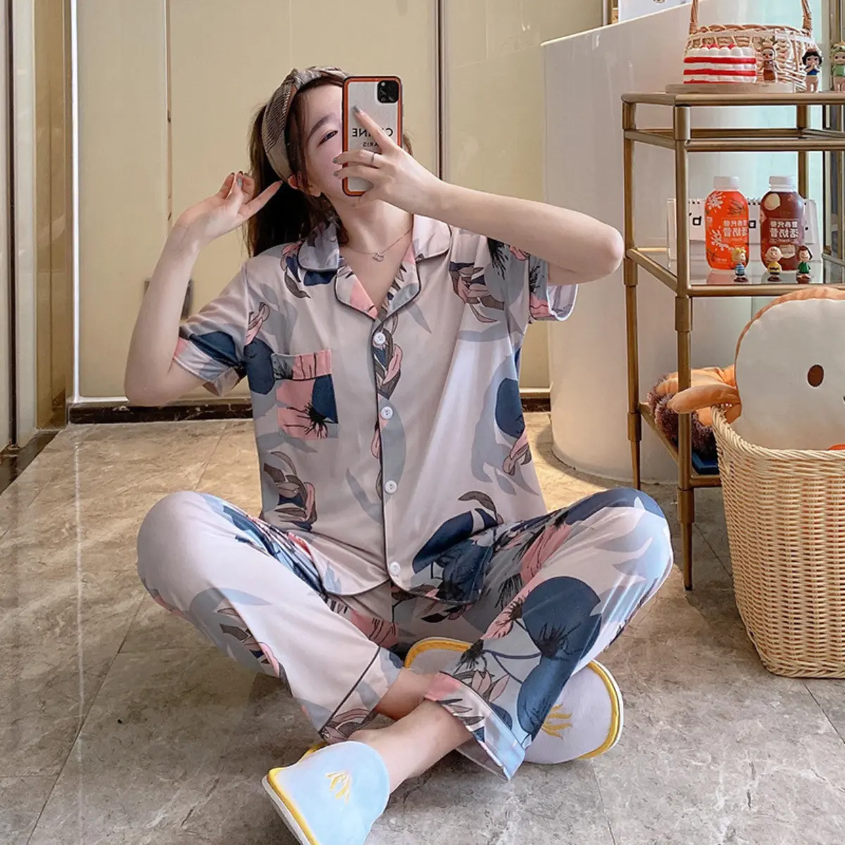 Baju Tidur Wanita Piyama Cewek Set Kemeja Lengan Pendek Celana Panjang Style Korea Jumbo Dewasa Remaja Premium Banyak Motif 002 Fit Kaos Oversize MilkShred Adem