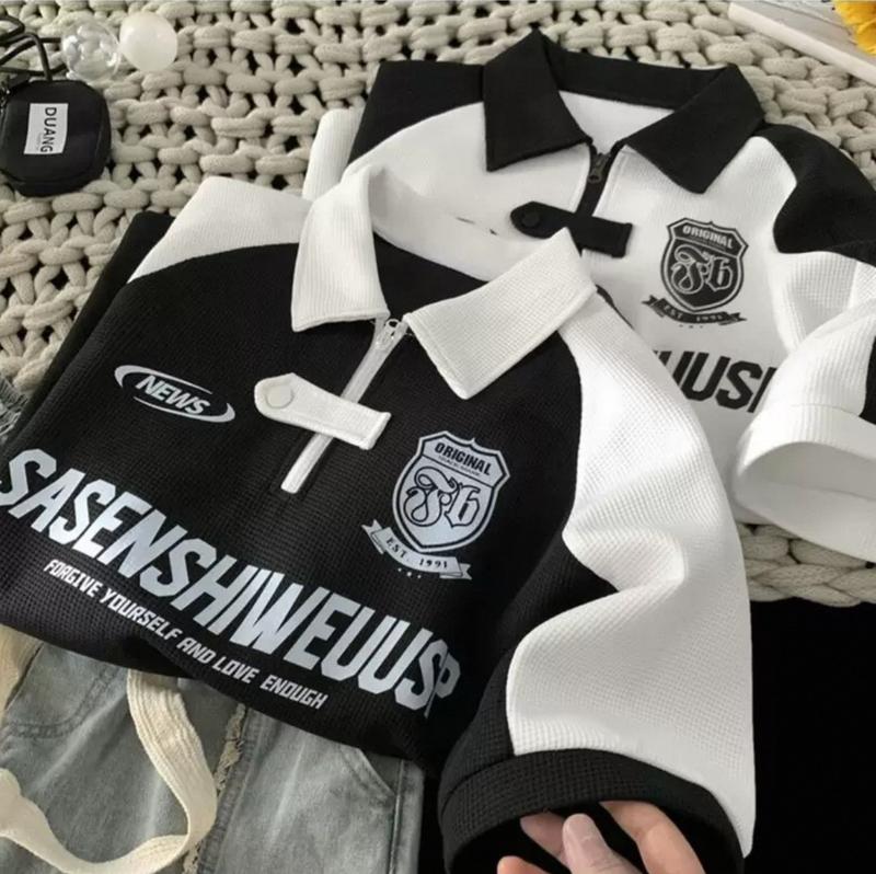 Áo Polo unisex In chữ SASENSHIWEUUSP Áo Cổ Bẻ Tay Lỡ Chất Liệu Tổ Ong Dệt Trẻ Trung, Cá Tính,Phong Cách Ulzzang