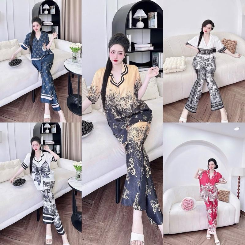 Size ( 70kg -100kg ) Bộ pizama Tay ngắn quần dài lụa xước in 5D Hoa tiết Hình và chữ Nữ Women