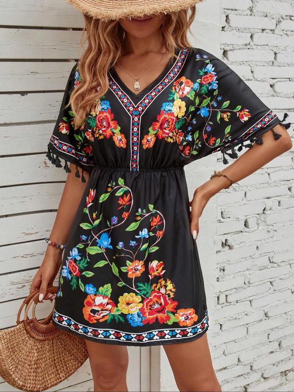 Women's Floral Ethnic Pattern Fringe Trim V Neck A Line Dress, Boho Fashion Short Sleeve Short Dress for Daily Holiday Vacation Wear, Ladies Dress for Summer 0