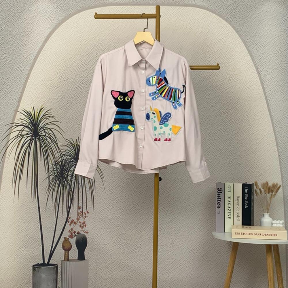 [ready stock]CHICMORE Kemeja Wanita Longgar Lengan Panjang Warna Solid Bordir Motif Lucu