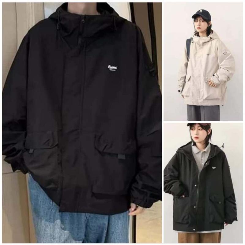 ( BIGSIZE )Áo khoác dù phối túi hộp nam 2 lớp màu đen và kem,form áo rộng khoác chống nắng