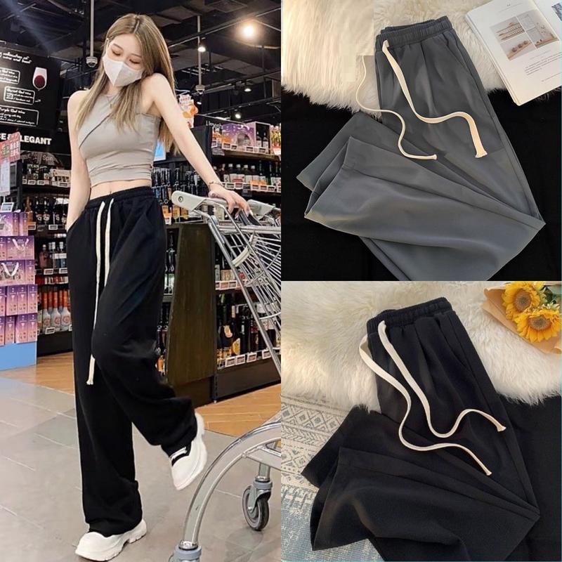 Quần vải ống rộng cạp chun thun cao dây rút màu đen mềm dáng dài chất Ruby - Quần tây nữ lưng cao đi học ống suông đứng