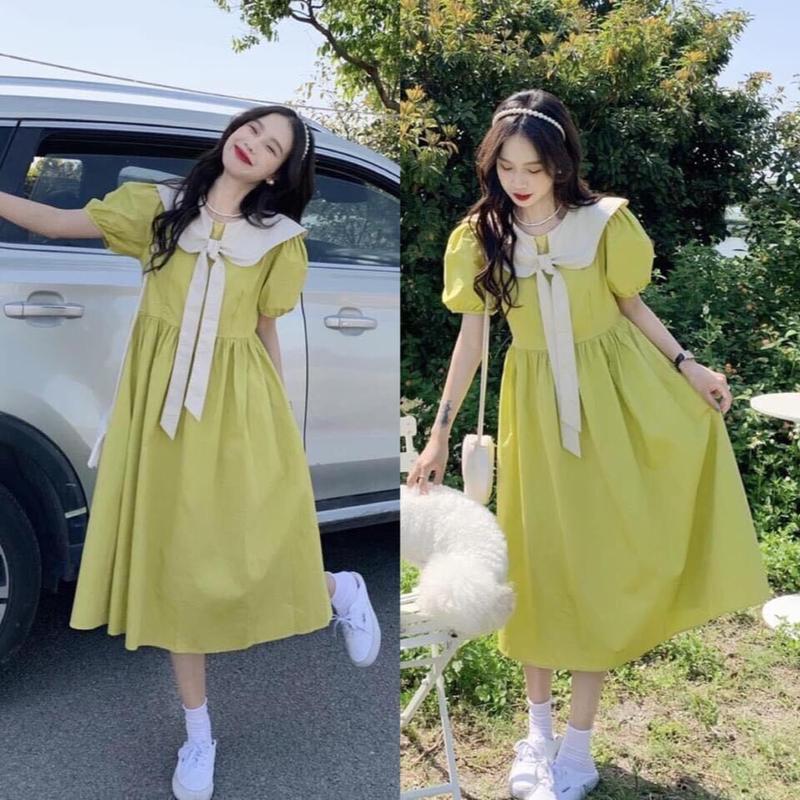 Váy Bầu Babydoll thiết kế  màu xanh tươi mát cổ phối nơ Trắng sang chảnh Women Nữ Thai kỳ Thoải mái Dress, váy bầu thường mặc đi biển du lịch, dự tiệc đám cưới