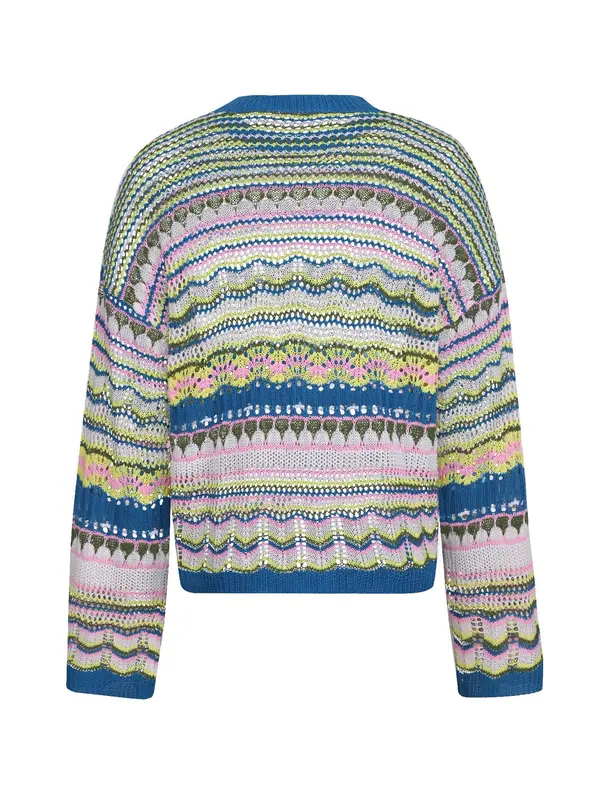 Women's Colorful Striped Print Hollow Out Drop Shoulder Sweater, Chic Elegance Casual Breathable Long Sleeve Round Neck Pullover Jumper for Spring & Fall, Sweater for Women, Sweaters for Women, Fashion Women's Knitwear for Daily Wear 3