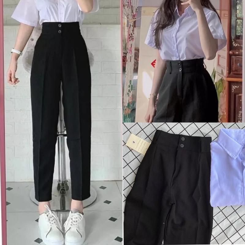 Quần Tây Nữ Lưng Cao Phối 2 Khuy Cài Dáng Baggy Đi Học Sinh Màu Đen Chất Vải Tuyết Mưa Trơn Dáng Dài Quần Tây Đen Nữ Công Sở Cạp Cao Women Pants